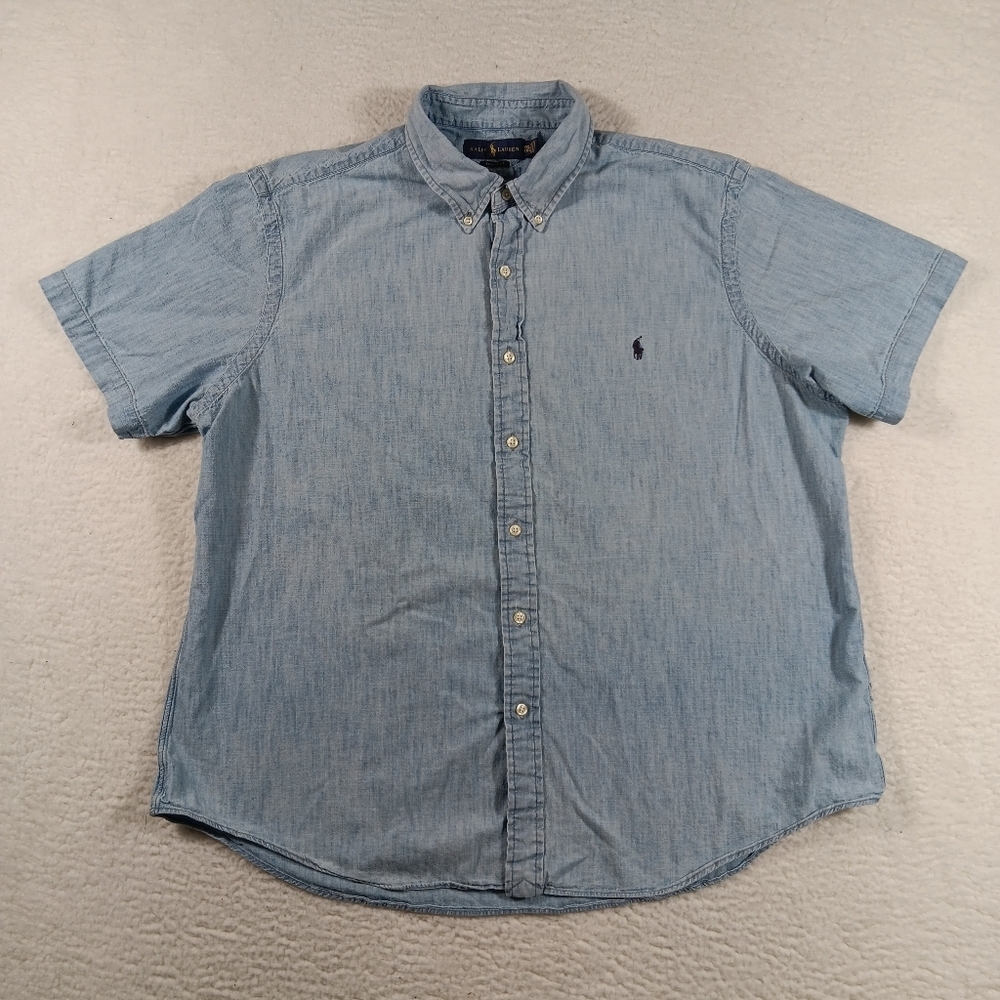Ralph Lauren Shirt Mens XXL Blue Chambray Short Sleeve Button Down Preppy